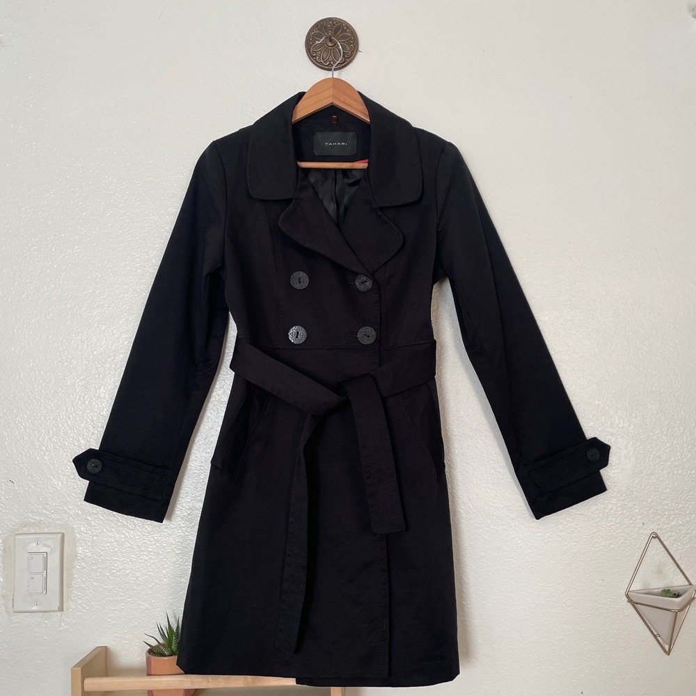 Tahari Black Double Breasted Belted Trench Coat Jacket XS